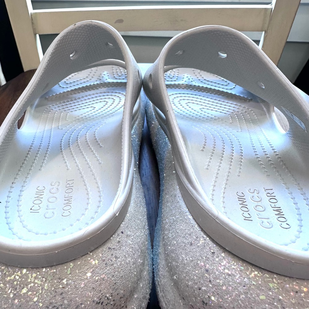 Crocs Classic Crush Glitter Sandals Women 11 Lt Gray Silver Platform Slides - Picture 9 of 14